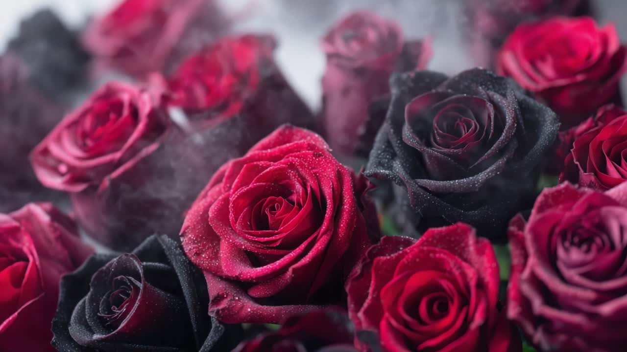 Une composition captivante de roses rouge profond et noires avec des gouttes de rosée, sur un fond brumeux, créant une présentation florale romantique et mystérieuse.