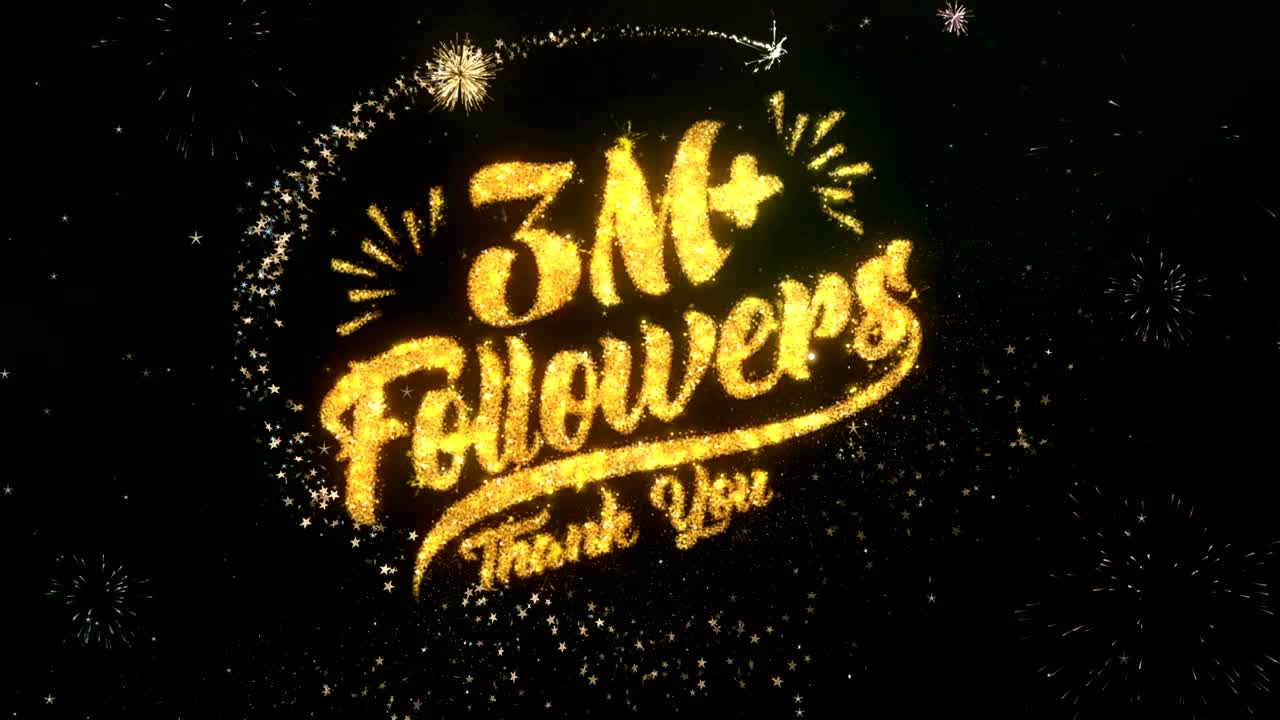 3k 추종자 인사 및 소원 카드는 반이는 입자 및 반이는 빛의 어두운 밤 하늘과 다채로운 불꽃놀이 4k 배경으로 만들어집니다.