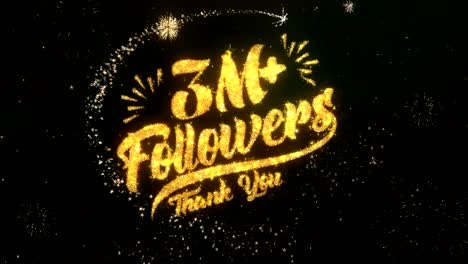 3k followers greeting and wishes card made from glitter particles and sparklers light dark night sky with colorful firework 4k background.