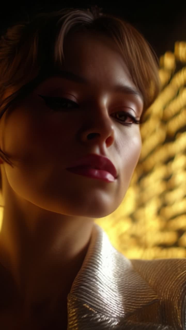 Ritratto estetico di una donna con trucco audace e abiti scintillanti, illuminata da luce dorata, che cattura intrigo ed eleganza in uno stile cinematografico.