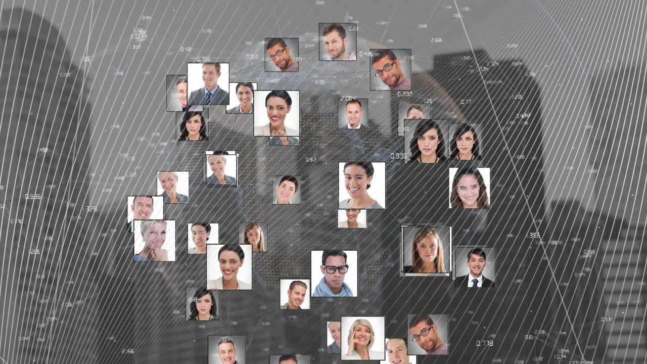 다양한 사람들의 아이콘과 도시 풍경에 대한 연결 네트워크의 애니메이션