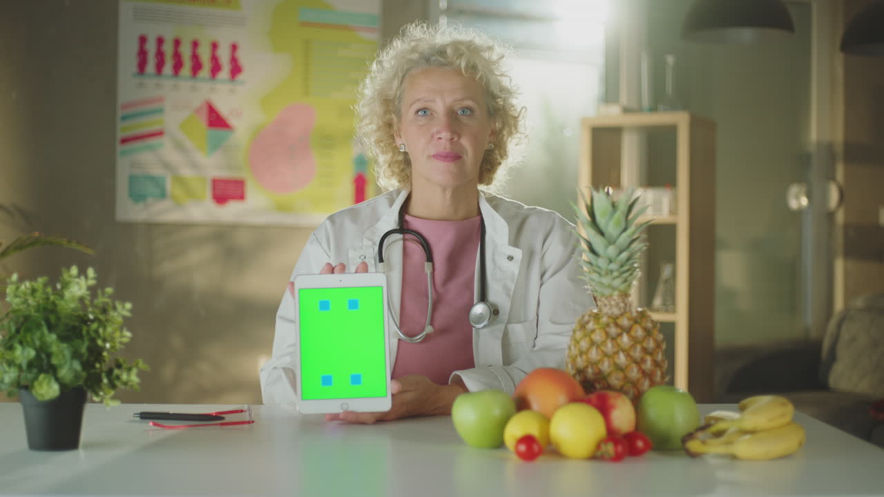 Doctor presenting a green screen tablet with fruits and vegetables