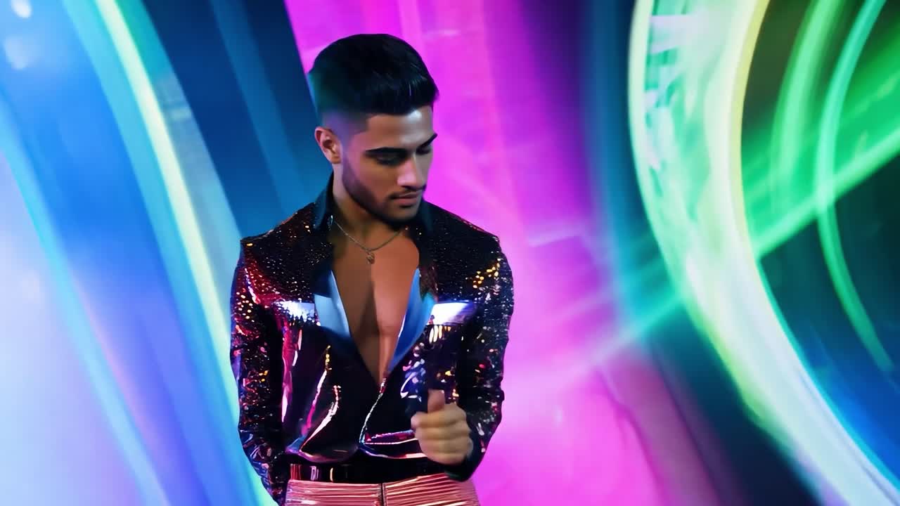 hombre con una chaqueta de lentejas posando contra un fondo colorido