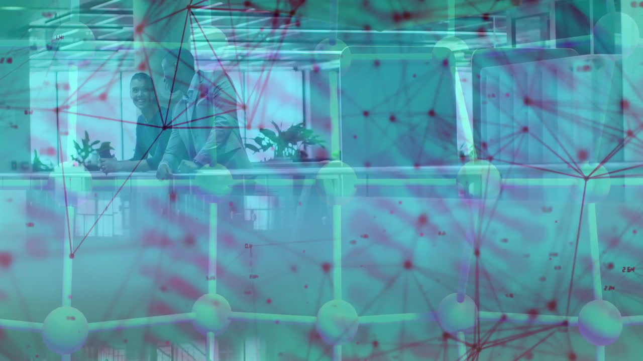 Colleagues leaning on balcony railing featuring network-node graphic overlay in tech briefing