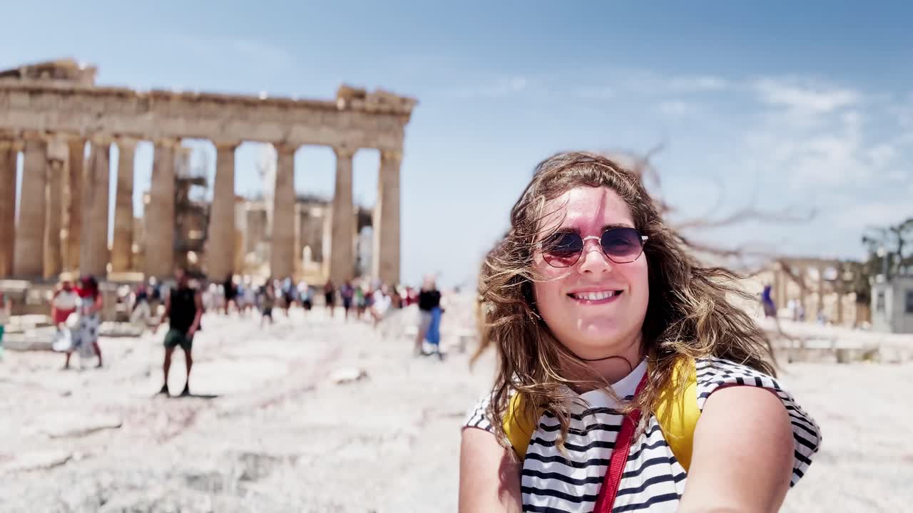 Happy Tourist's Selfie on a Windy Day at the Acropolis, Athens, Greece