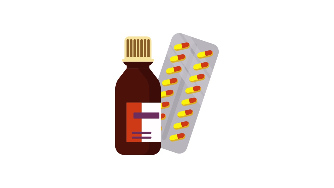 Flacone animato di medicinale e blister di pillole