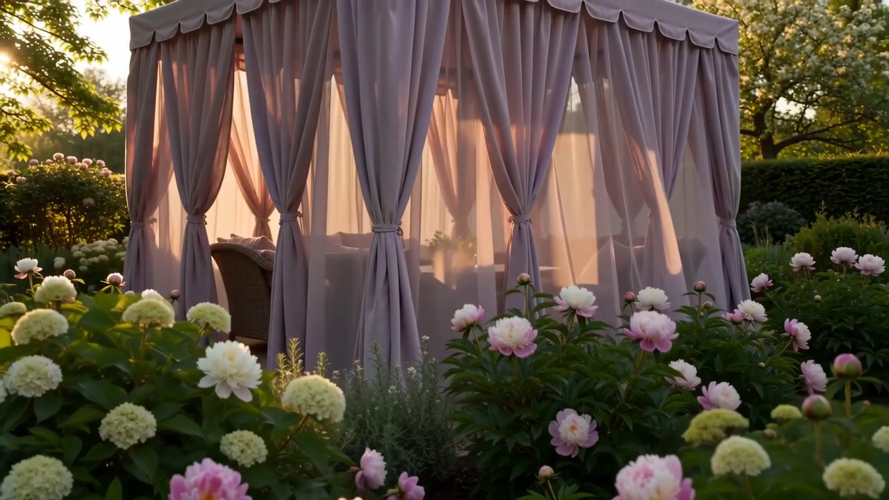 Cenador de jardín exterior cubierto con cortinas transparentes recogidas, detrás de densas peonías rosa pálido y flores verde pálido similares a hortensias, con una suave luz de fondo que hace que la tela brille y revele suavemente