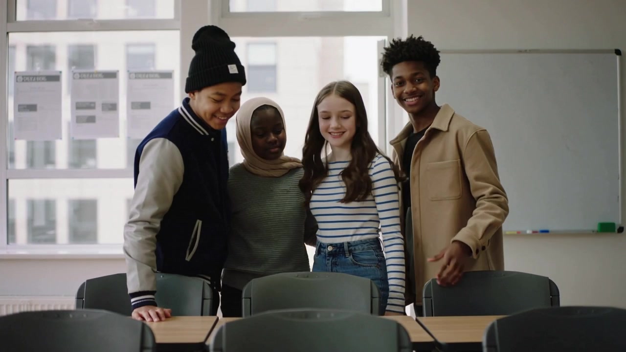 Entering group of four students greeting friends, moving into classroom past windows toward desks