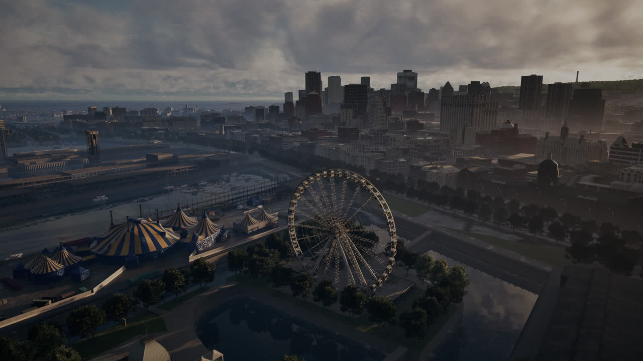 vista aérea del horizonte de la ciudad con la rueda de la ferris y el carnaval