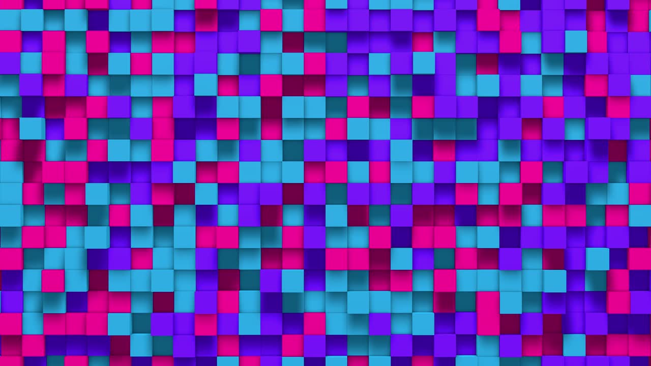 cubo de caja pequeña multicolor rosa y azul fondo geométrico aleatorio. ilustración de mosaico de píxeles cuadrados abstractos. fondo de bloque de tierra. diseño fractal de fantasía. arte digital. bucle de animación 3d de 4k