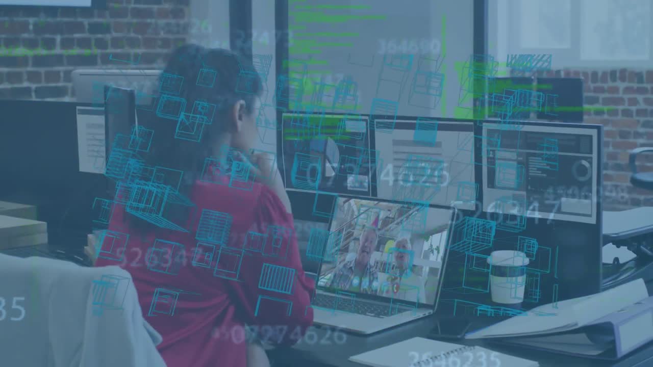 Animation of data processing and digital city over biracial businessman using laptop