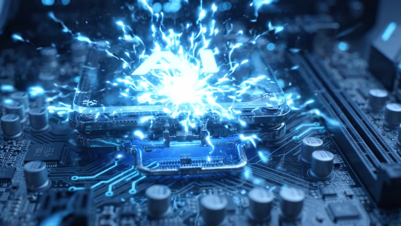 A Close-Up View of a Computer Motherboard Featuring Advanced AI Technology with LED Lights Highlighting Its Intricate Circuits and Components
