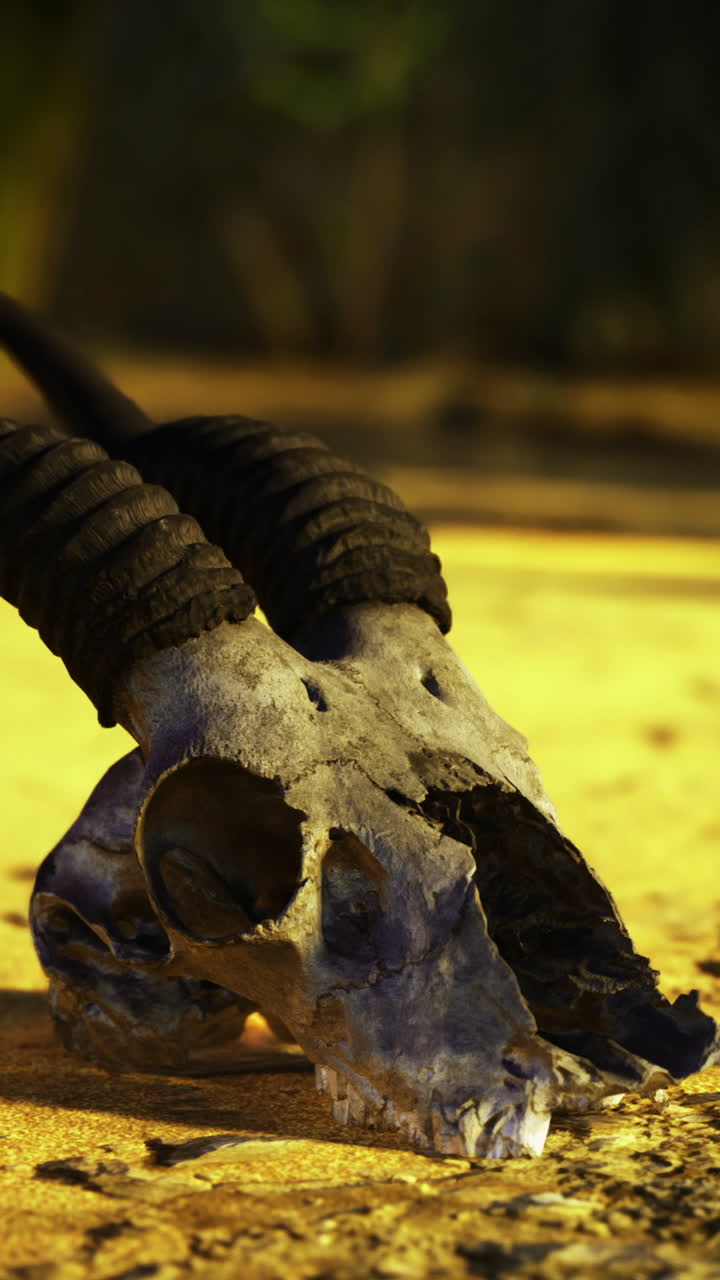 Goat skull with curved horns resting on the ground in a natural setting