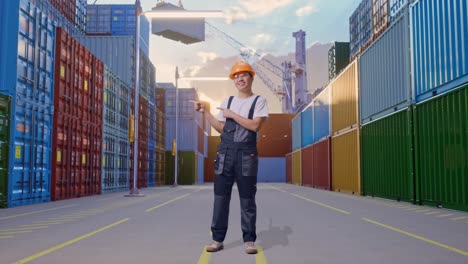 cuerpo lleno de hombre asiático trabajador con gafas de protección y casco de seguridad sonriendo y apuntando a un lado mientras estaba de pie en el depósito de contenedores