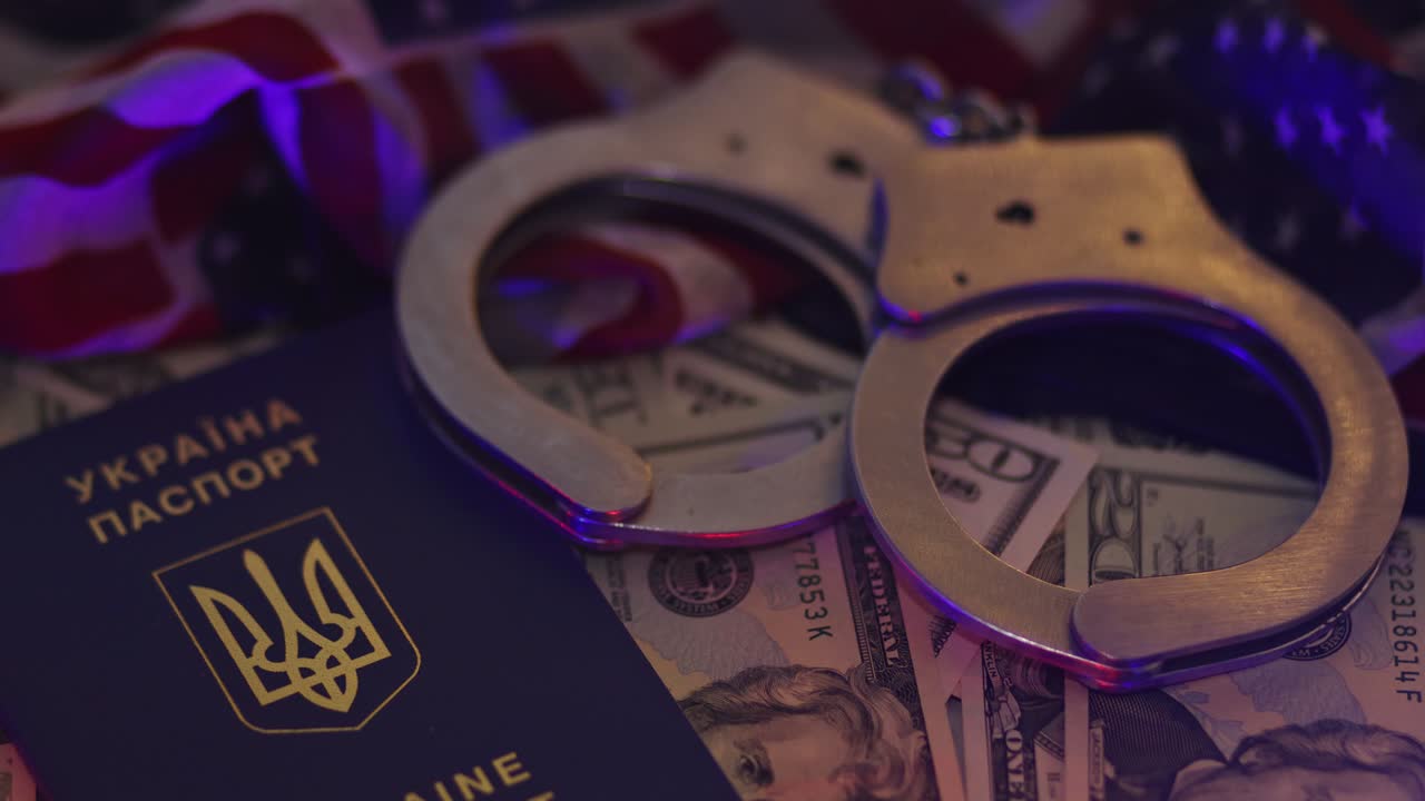 коррупция преступник наручники деньги долларовые купюры света мигающий полиция в паспорте украина
