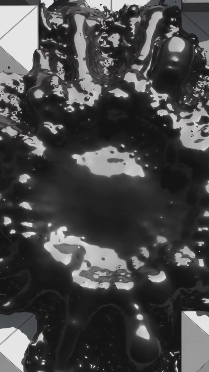 Vertical video: Surging black liquid reacting to shock, making peaks and foam on square tile base