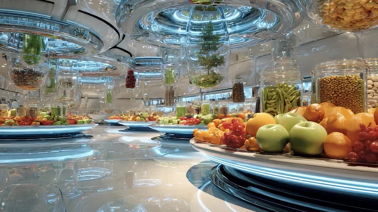Futuristic indoor garden showcasing fresh produce and high-tech display