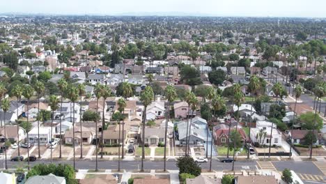 área-Central-Sur-De-La-Comunidad-De-Crenshaw,-Casas-En-La-Zona-Mala-De-Los-ángeles,-Antena-Que-Se-Eleva-Sobre-Las-Palmeras