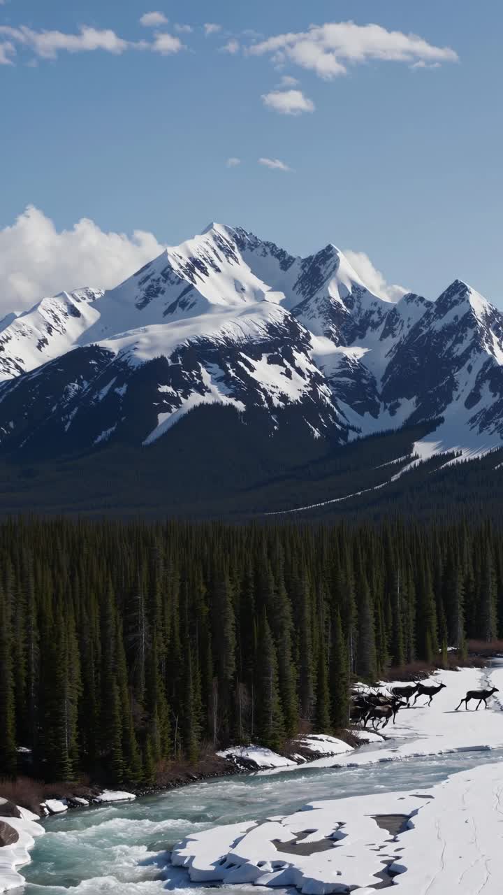 Aerial view of snow-capped mountains and a river winding through a forest, creating a serene