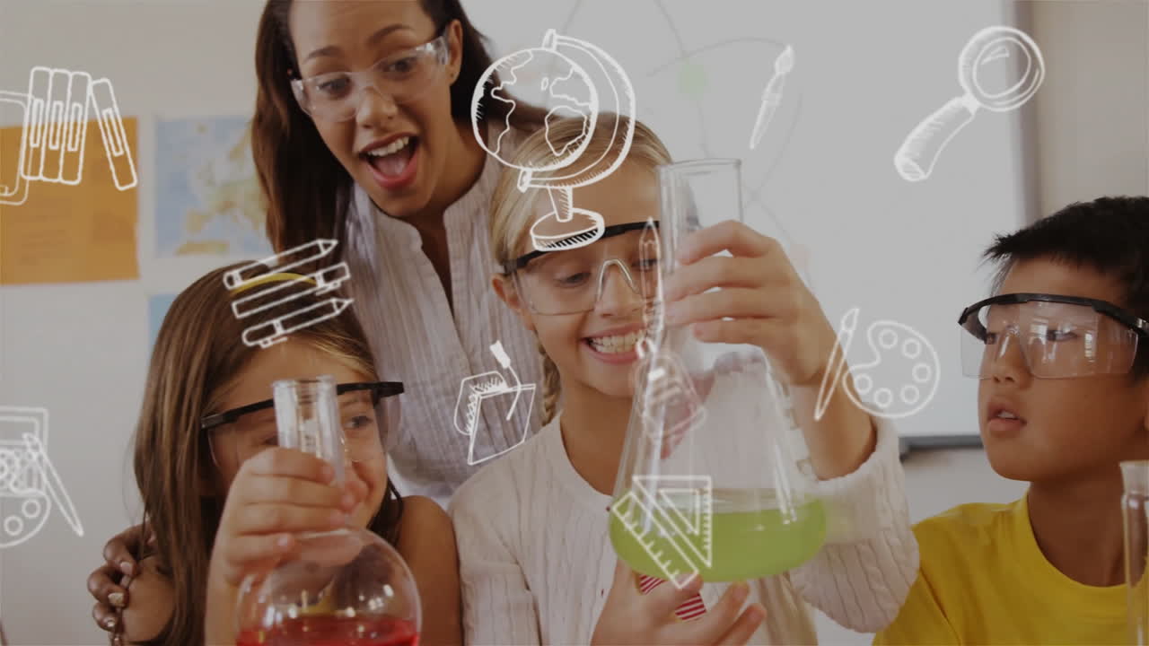 교실에서 교사와 함께 배우는 다양한 학교 학생들에 대한 학교 물건 아이콘의 애니메이션