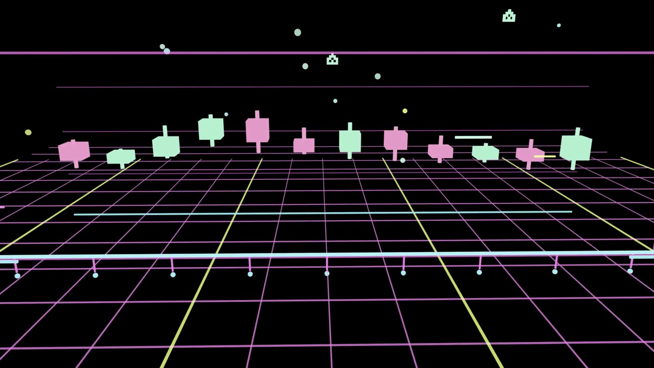 On play low camera panning and rotating rightward, revealing pastel candlesticks over neon grid