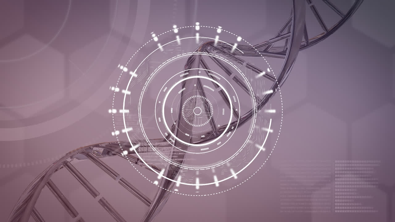 anillos blancos girando y el adn girando sobre un fondo violeta apagado.