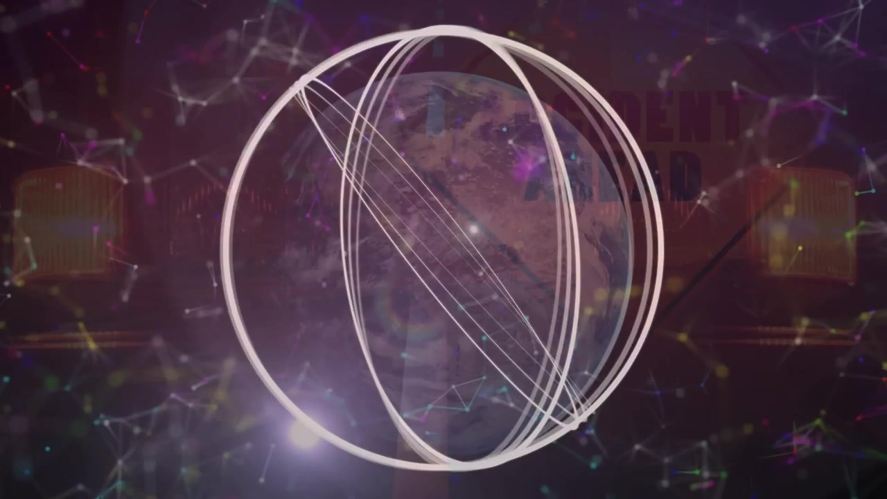 Digital Earth Globe with Rotating Orbital Rings and Network Connections