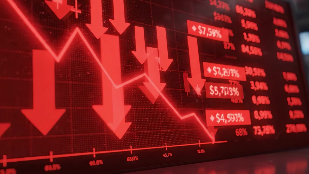 Financial Downtrend Visualization: Analyzing Market Declines and Trends with Red Arrows and Decreasing Graphs Indicating a Bear Market Environment
