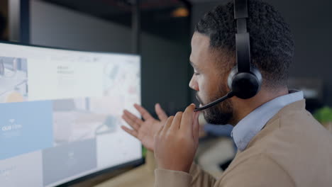 call center, computer screen and man