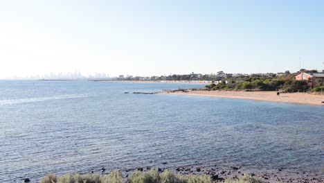 a serene beach with distant city skyline