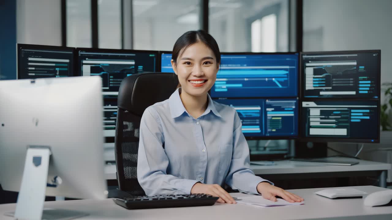 Woman sitting at desk with multiple monitors