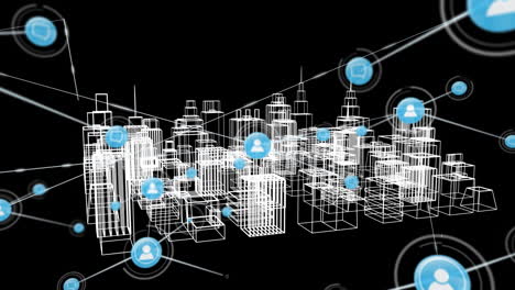 animación de la red de conexiones con iconos sobre el dibujo arquitectónico 3d de la ciudad en el fondo