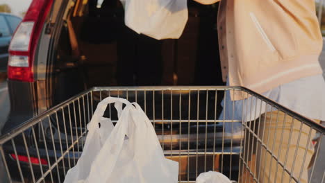 a woman unloads shopping bags from a basket in the trunk of a car