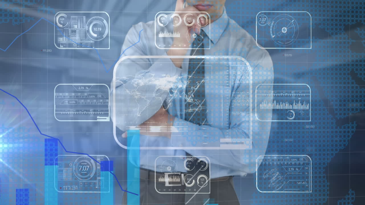 animación del procesamiento de datos financieros sobre el empresario caucásico en el cargo