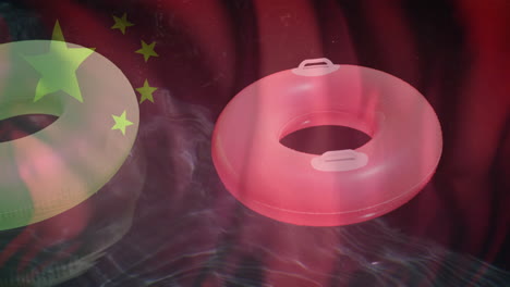 chinese flag and lifebuoys animation over water background