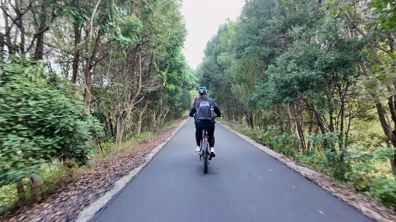Person cycling on a tree-lined path