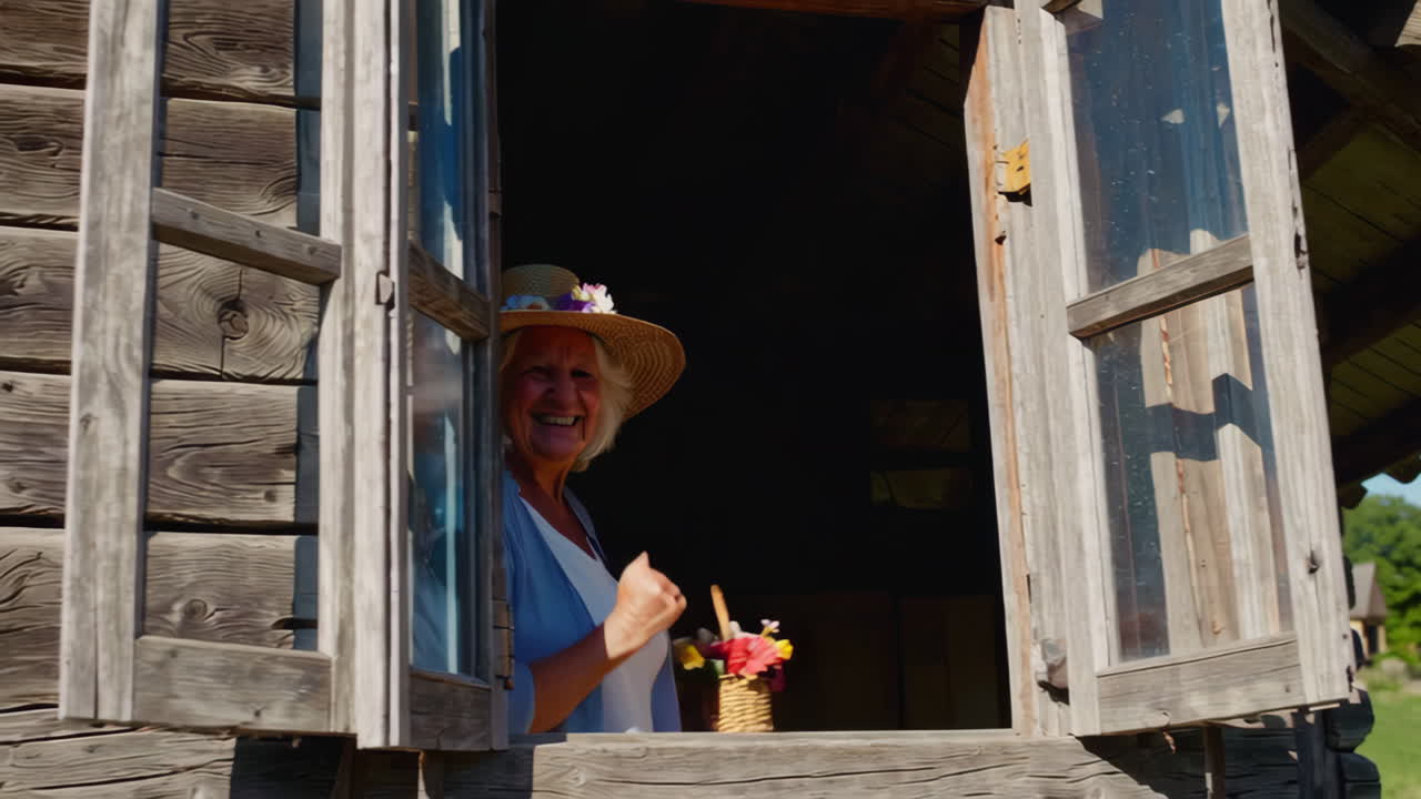 Happy Senior Woman with Flowers Looking Out Rustic Window