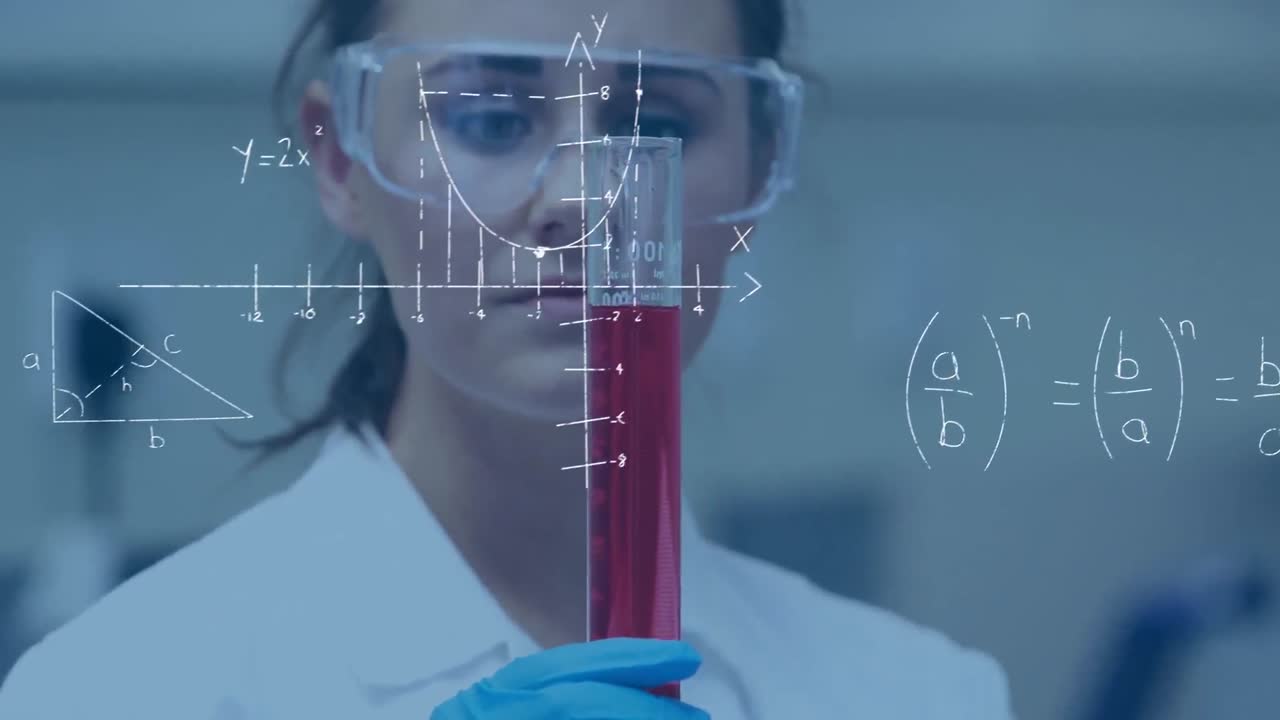 animación de fórmulas matemáticas sobre el científico en el laboratorio