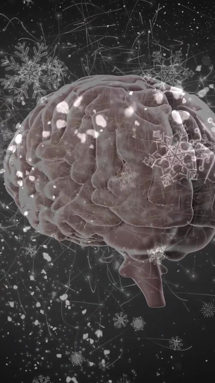 Vertical video: On start brain rotating, tilting, strands pulsing, flakes falling, showing activity