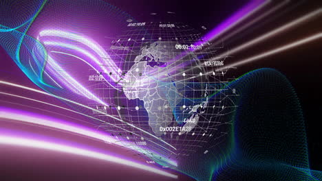 Digital wireframe globe being animated in scene, with neon trails and floating timestamps