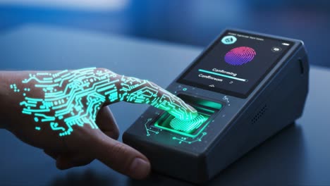 cutting-edge biometric security technology showcased in a sleek design as a user interacts with a fingerprint scanner, highlighting the advancement in identity verification