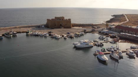 Aerial-shots-of-the-historical-port-of-Paphos,-Cyprus