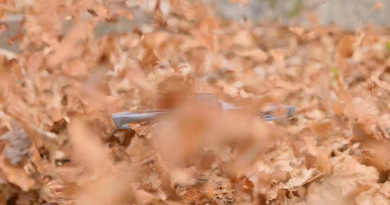 Witness the DJI Avata drone's powerful take off from a forest floor, sending dry autumn leaves scattering into the air.