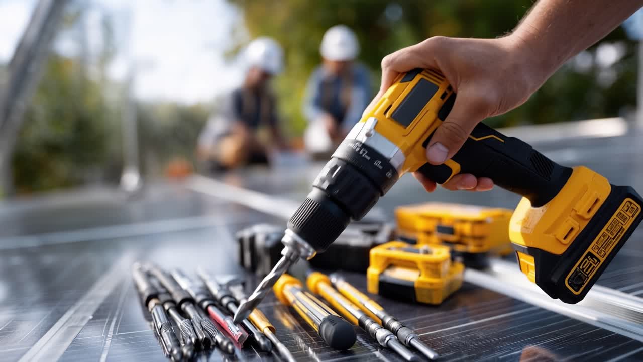 Hands grip power drill, ready for work. Tools lie neat on solar panels, ready for use. Workers wear hard hats, focused on task. Solar panels gleam under bright sunlight. Team works in harmony
