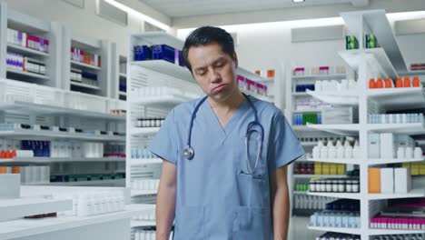 asian male doctor with stethoscope having a headache while standing in pharmacy