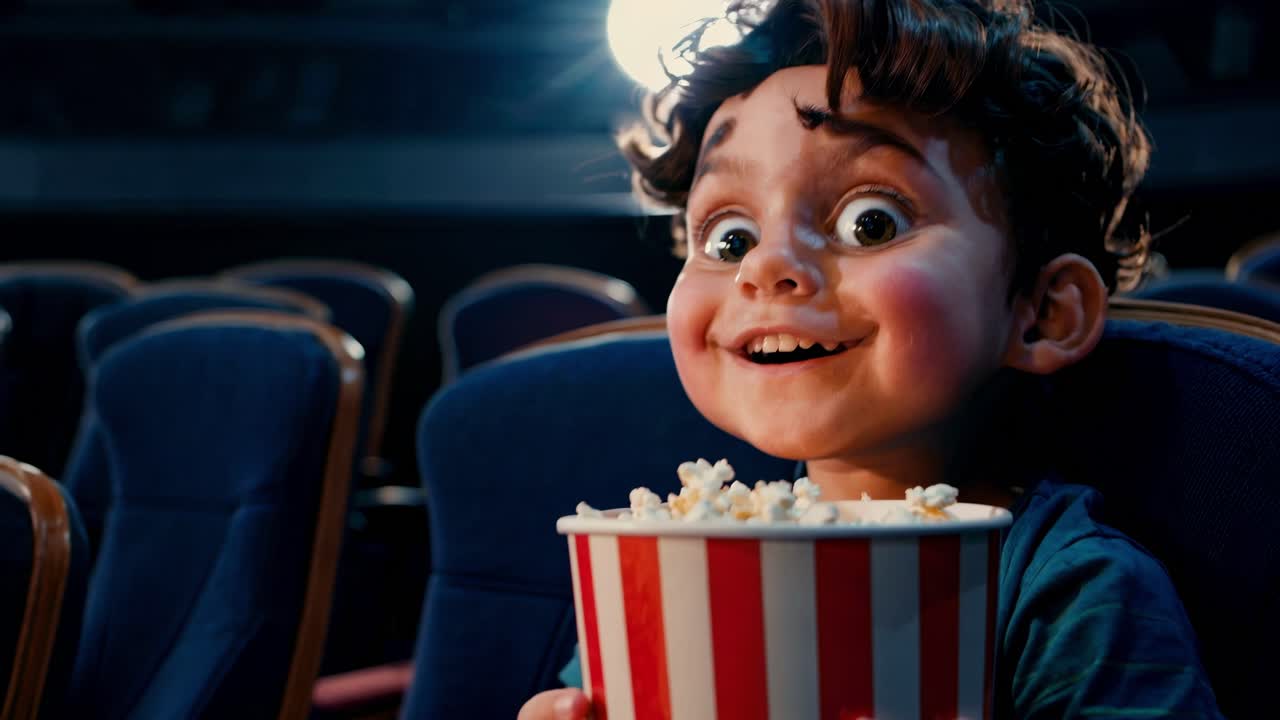 A whimsical animated video scene shows a wide-eyed child excitedly holding popcorn in a theater