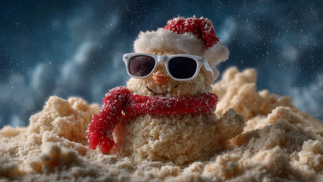 A Fun and Quirky Sandy Snowman Wearing Sunglasses and a Santa Hat, Captured in a Frosty Atmosphere with Snowflakes Falling All Around