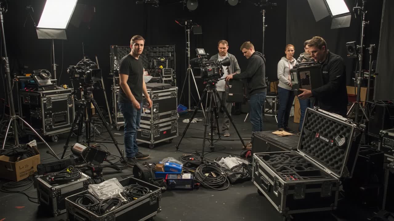 Behind the Scenes of a Video Production: Crew Members Organizing Equipment and Setting Up for a Filming Session with Cameras and Lighting Gear