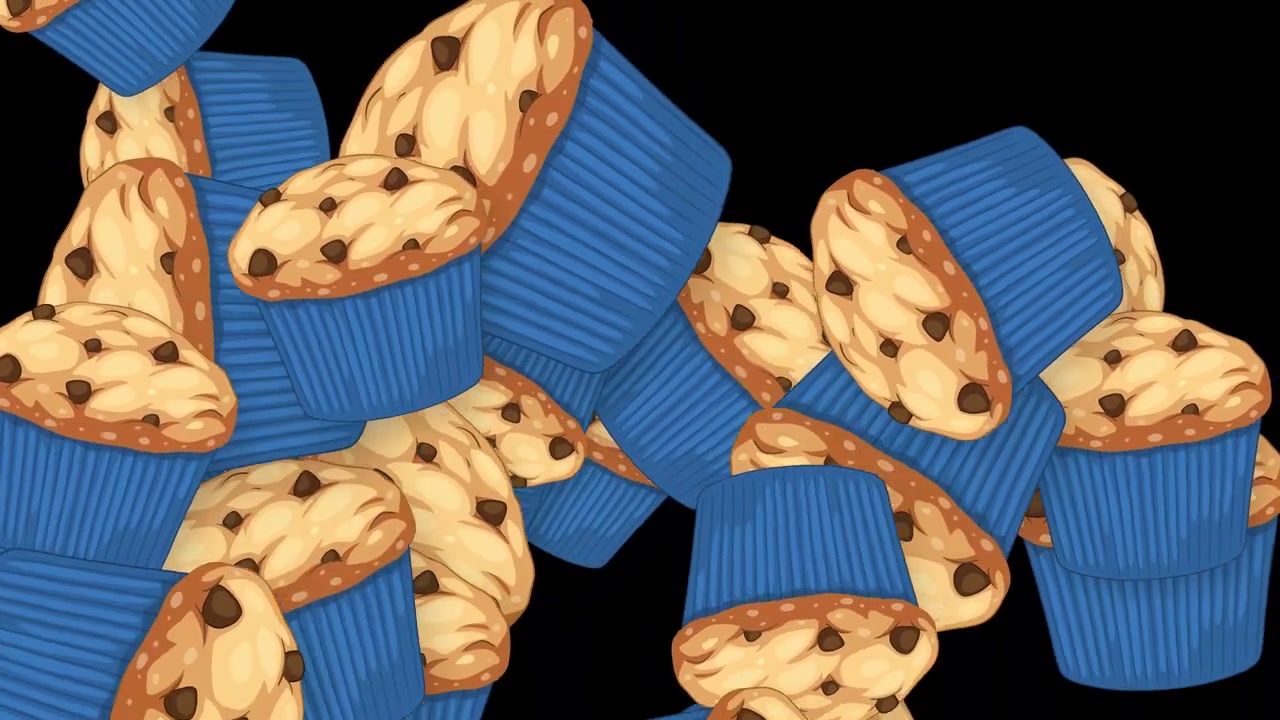 Cartoon chocolate chip muffins fall and bounce in a dynamic animation against black background.