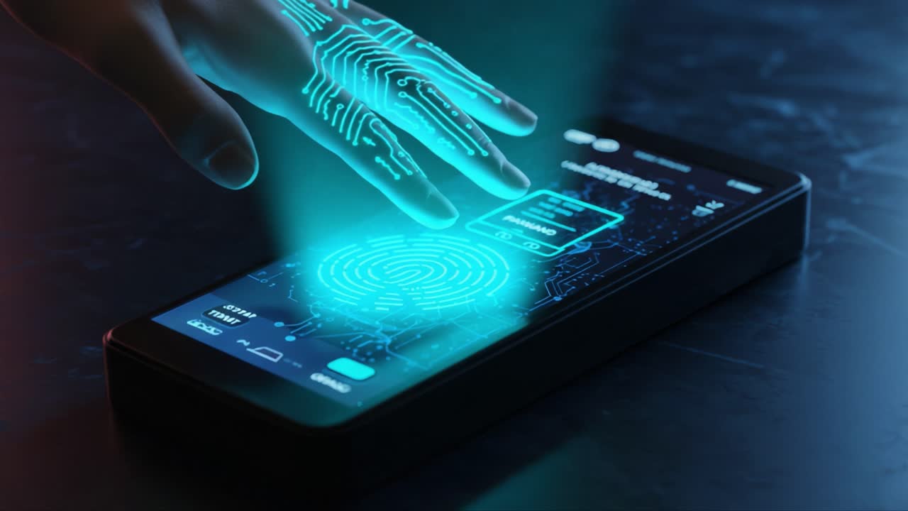 Advanced Technology Demonstration: A Futuristic Interaction with a Smartphone Featuring Digital Fingerprint Recognition and Holographic Effects at Work